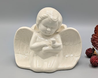 Vintage White Ceramic Angel Cherub With Bird Figural Planter, Vintage Winged Angel Religious Decor, Angel Flower Planter Figurine Statue