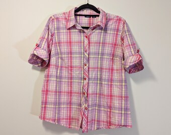 Vintage Pastel Pink Purple Yellow Plaid Button Up Shirt Blouse Top with Cuffed Short Sleeves by Basic Editions Size Large, Plaid Button Down