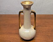 Opalescent Oil Slick White Amphora Bud Vase Gold Handles and Rim, Vintage Ceramic Bud Vase, Pearlescent Gold Pottery, Eclectic Home Decor