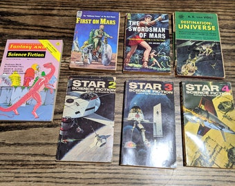 Mid Century Science Fiction Fantasy Lot of 7 Paperback Books, 1950s 1960s 1970s Sci Fi Fantasy Books, Vintage Retrofuturistic Sci Fi Decor