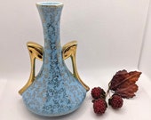Vintage Robin Egg Blue and Gold Flowers Amphora Bud Vase with 22K Gold Handles, Blue and Gold Pottery, Vintage Blue Floral Vase, Mom Gift