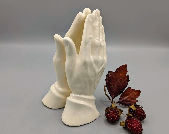 Vintage White Ceramic Praying Hands Napkin Holder Statue Sculpture, Vintage Religious Home Decor