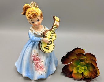 Vintage Lefton Blonde Girl in Blue Pink Flower Dress with Guitar Figurine 6987, Retro Kitsch Home Decor, Vintage Guitar Music Lover Gift