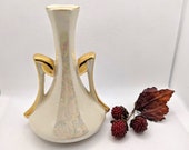 Vintage White Lusterware Amphora Bud Vase with 22K Gold Handles by Pearl China Co, Opalescent Pearlescent Gold Pottery, Eclectic Home Decor