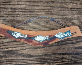 Vintage Striped Bass Fish Driftwood Hand Painted Wall Art, Hand Painted Wood Wall Art SIGNED, Vintage Wood Folk Outsider Art, Dad Gift
