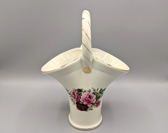 Vintage różowy i czerwony ceramiczny wazon koszowy z uchwytem, ceramiczny wazon koszowy, shabby chic różany wystrój domu, vintage prezent dla mamy dla niej