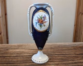 Antique Navy Blue and White Floral Ceramic Amphora Vase with Two Handles Made in Czechoslovakia, Vintage Czech Pottery, Vintage Mom Gift