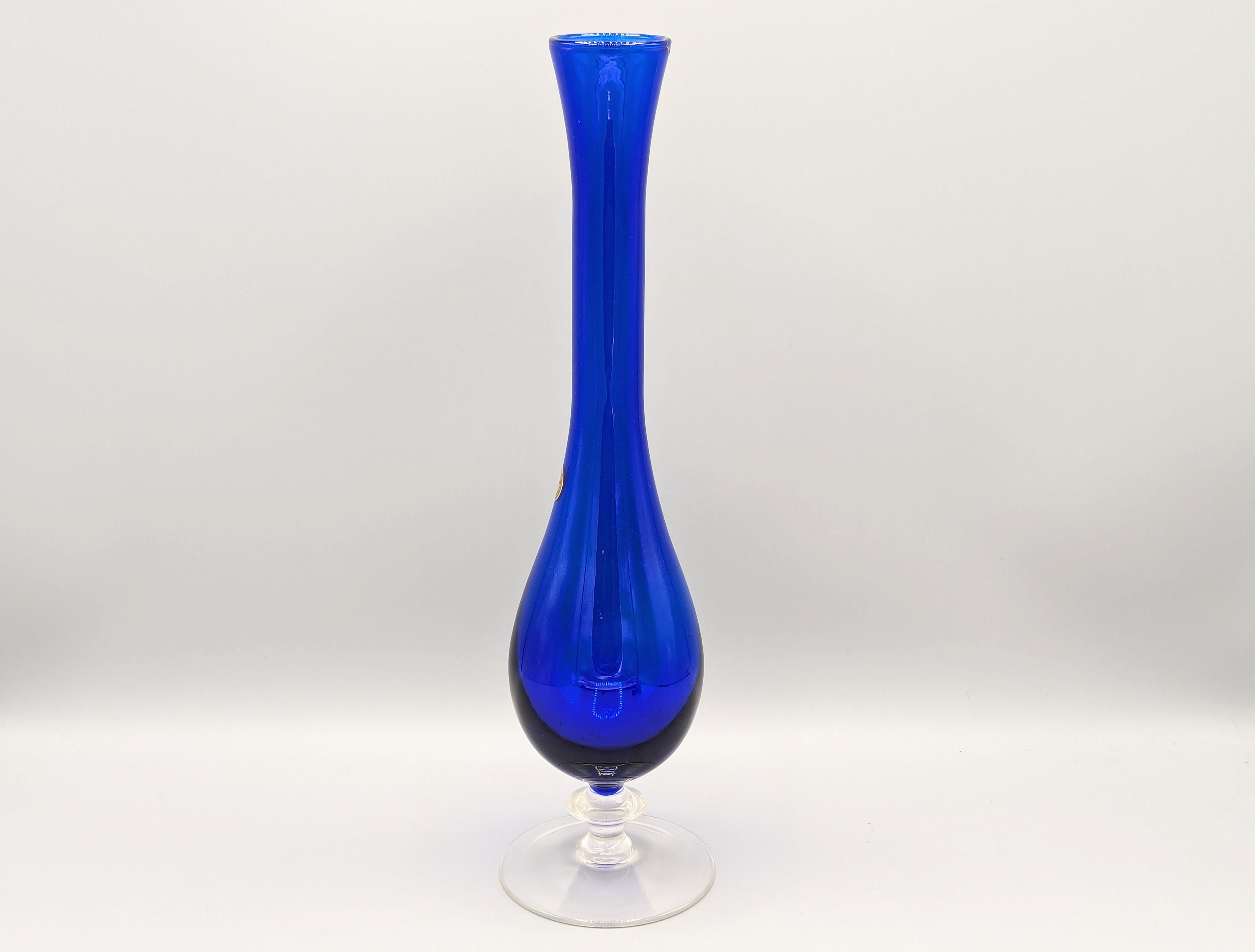 ヴィンテージ コバルトブルー 透明台座 鉛クリスタルガラス アート花瓶