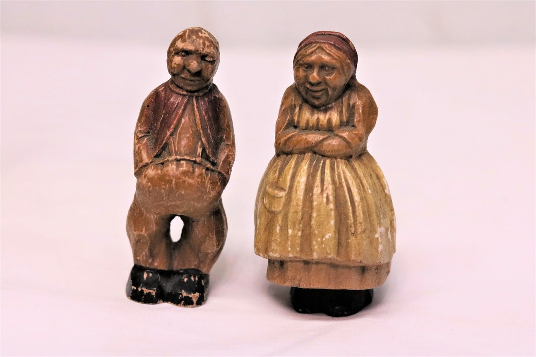 Antique Hand Carved Man and Woman Couple Pair of Figurines, Vintage ...