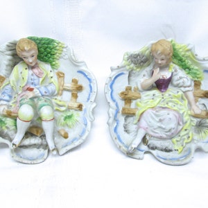 Vintage Bisque Porcelain Victorian Man and Woman Wall Plaques Chase Hand Painted Made in Japan, Vintage Bisque Porcelain, Victorian Decor