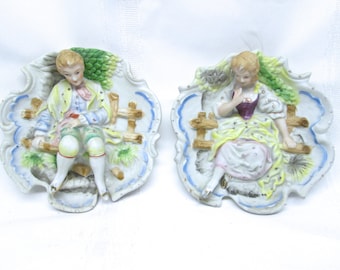 Vintage Bisque Porcelain Victorian Man and Woman Wall Plaques Chase Hand Painted Made in Japan, Vintage Bisque Porcelain, Victorian Decor