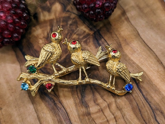 Vintage Singing Birds on Tree Branch Gold Tone Me… - image 4