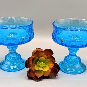 Vintage Blue Glass Thumbprint Kings Crown Pedestal Candy Dish Compote Bowl Pair, Colorful 1970s Glass Home Decor, Vintage Housewarming Gift