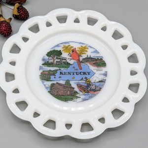 Vintage Kentucky Milk Glass Decorative Plate with Scalloped Rim, Retro Kitsch Kentucky Decor, Vintage Kentuckian Gift, Mid Century Decor