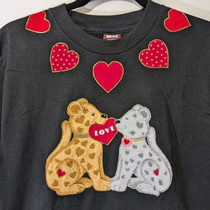 Vintage Valentine&#39;s Day Cats in Love Single Stitch Black T-Shirt Red Hearts Glitter Puff Paint Size M, Retro Cute Cat Tee, Valentine Gift