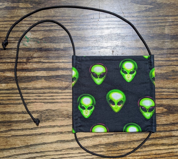 Green Alien Three Layer Cotton Face Mask Cover with Adjustable Ties Filter Pocket Flexible Nose Wire, X-Files Science Fiction Face Mask