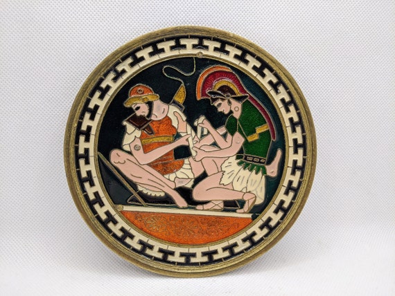 ヴィンテージエナメル真鍮製古代ギリシャ兵士ラウンド壁飾り、ギリシャ