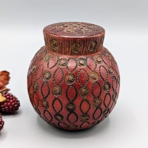 Vintage Hand Carved Dark Wood Round Box with Abstract Motif and Lid, Vintage Wood Folk Art Home Decor, Vintage Wood Trinket Jewelry Box