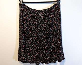 Vintage 1990s Y2K Flowy A Line Black Midi Skirt with Pink Flowers and Green Leafy Vines Size 3X by Notations Woman, Vintage 90s Floral Skirt