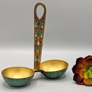 Vintage Brass Verdigris Divided Candy Dish with Colorful Enameled Handle Made in Israel, Vintage Brass Judaica Table Decor, Israel Brass