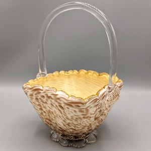 Vintage Murano Glass Style Cream and Brown Glitter Basket Vase with Scalloped Rim Tall Handle, Vintage Glass Basket, Murano Style Art Glass