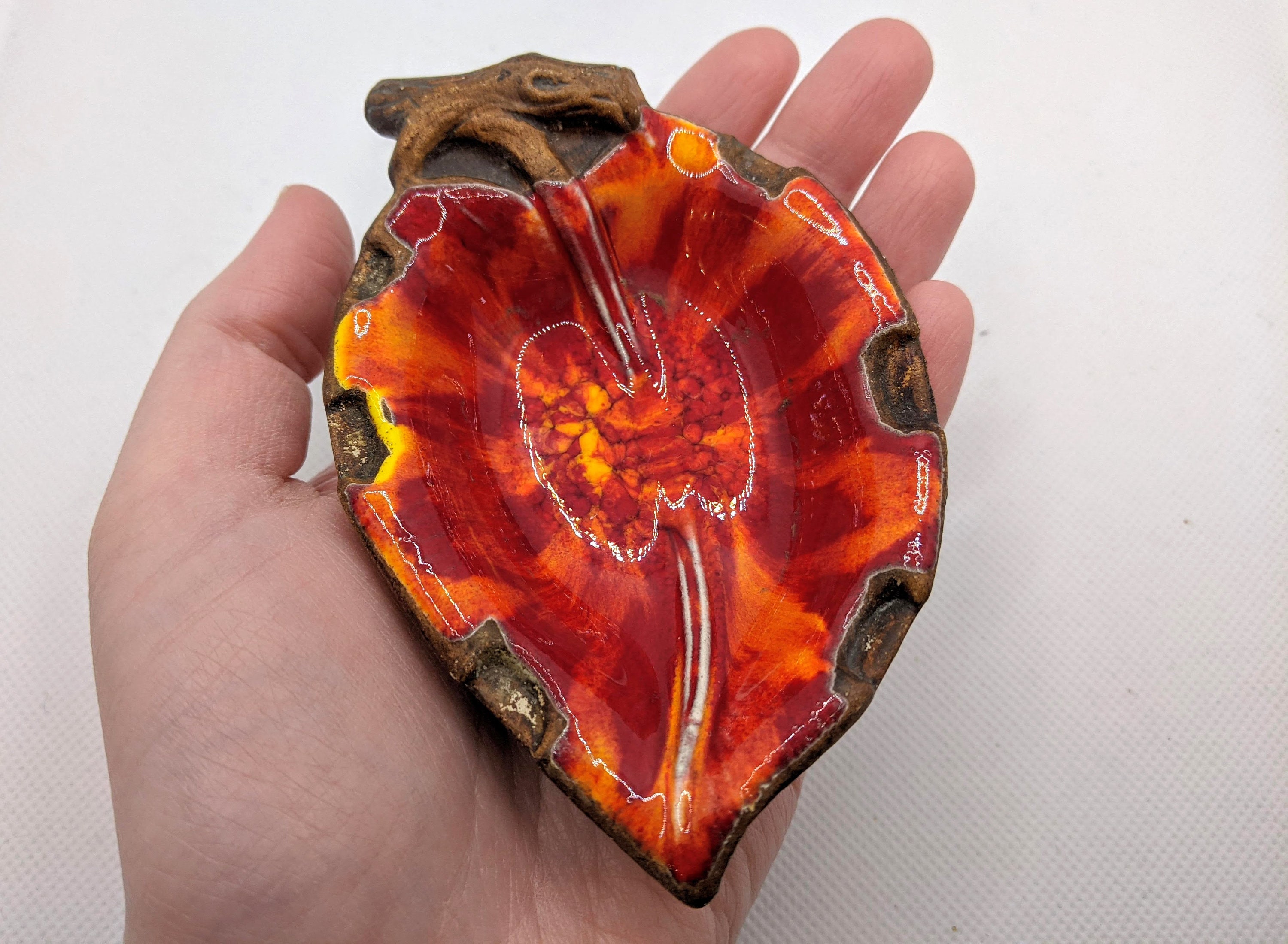 1962 Treasure Craft Leaf Ashtray Trinket Dish Red Drip Glaze Mid