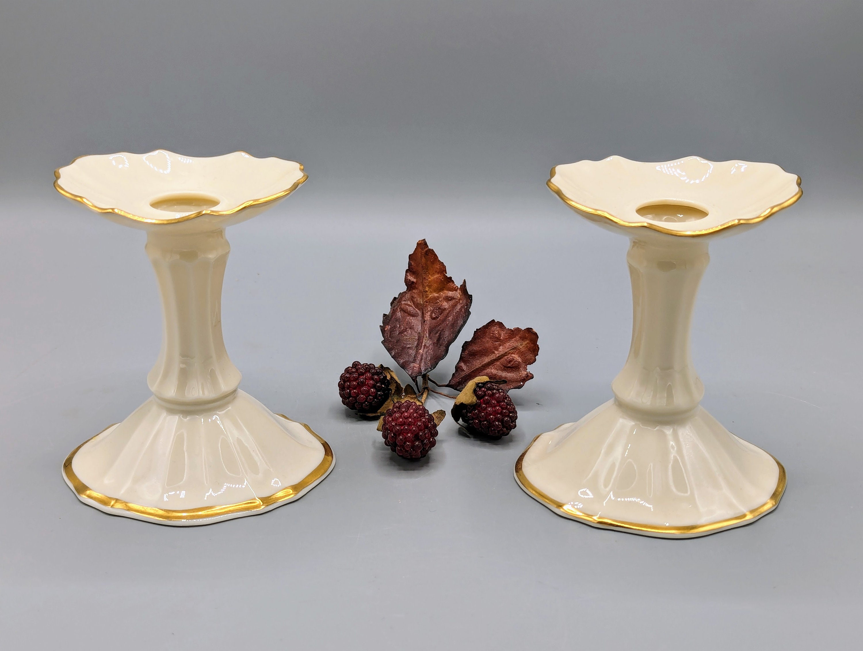 Vintage Lenox Symphony White Candlestick Holder Pair With 24K Gold