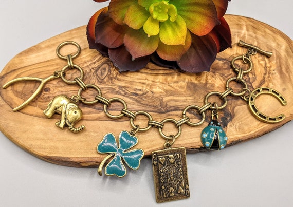Vintage Good Luck Brass Tone Metal Charm Bracelet With Lucky