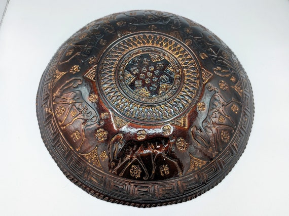 ヴィンテージ ターコイズブルーと銅のトルコガラス製サービングボウル