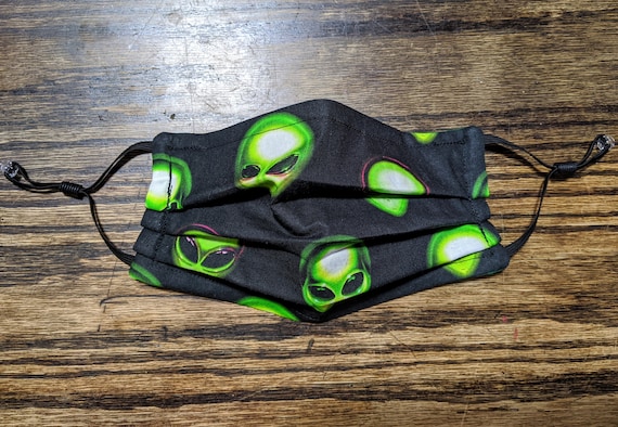 Green Alien Three Layer Cotton Pleated Face Mask Cover with Adjustable Elastic Ear Loops Filter Pocket Nose Wire, X-Files Sci Fi Face Mask