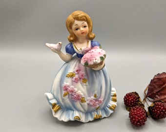 Vintage Lady in Blue Dress with Pink Bird and Flowers Porcelain Figurine Lefton by Marika 5488, Mid Century Home Decor, Vintage Gift for Her