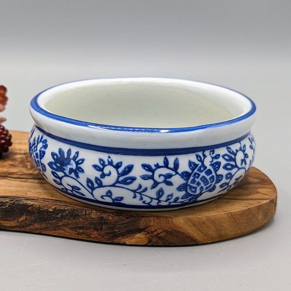 Vintage White and Blue Ornate Floral Ceramic Trinket Dish Bowl, Floral Art Pottery, Vintage Blue White Pottery Decor, Vintage Gift for Her