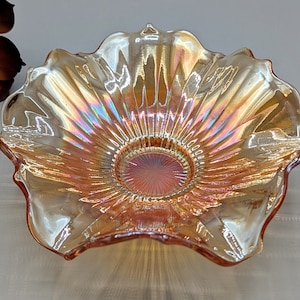 Vintage Orange Marigold Stippled Rays Iridescent Carnival Glass Candy Bon Bon Ruffled Pedestal Dish Bowl, Colorful Depression Glass Decor