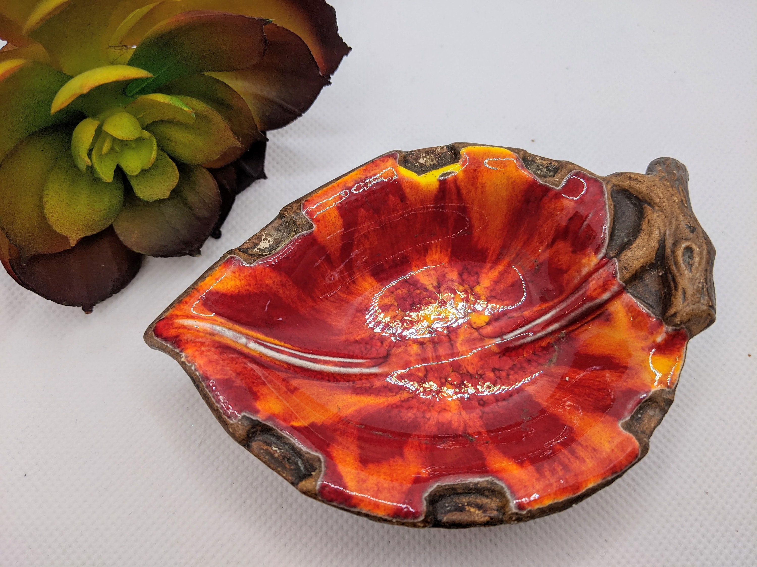 1962 Treasure Craft Leaf Ashtray Trinket Dish Red Drip Glaze Mid