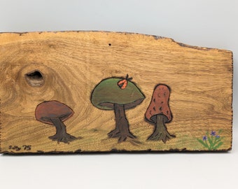 Targa da parete vintage in legno a forma di coccinella a forma di fungo, realizzata a mano nel 1975, decorazione da parete vintage a forma di fungo, regalo per gli amanti dei funghi, arte popolare a forma di fungo.