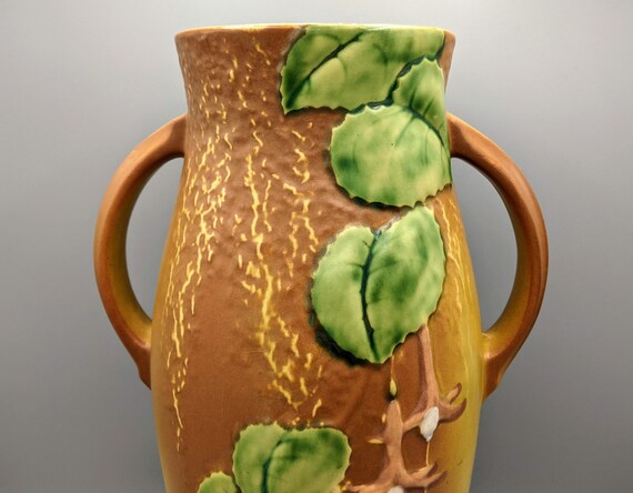 1930年代ローズビル陶器フクシアブラウンダブルハンドルアンフォラ花瓶