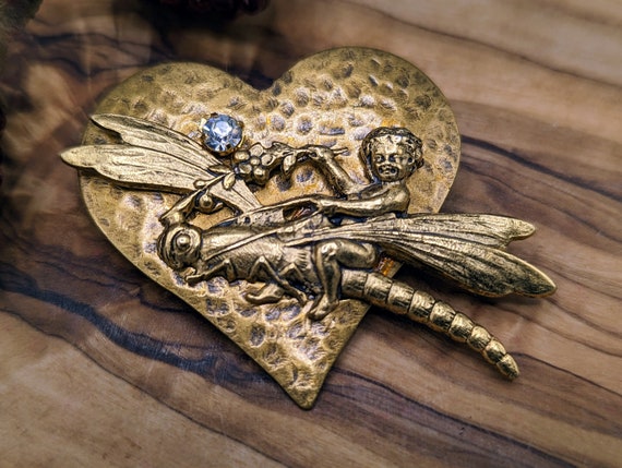 Vintage Cherub Fairy Riding Dragonfly Gold Tone Metal Heart Shaped