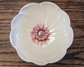 Mid Century Ceramic White and Purple Flower Bowl, Vintage Ceramic Flower Shaped Bowl Made in USA, Vintage Mom Gift, Vintage Hostess Gift