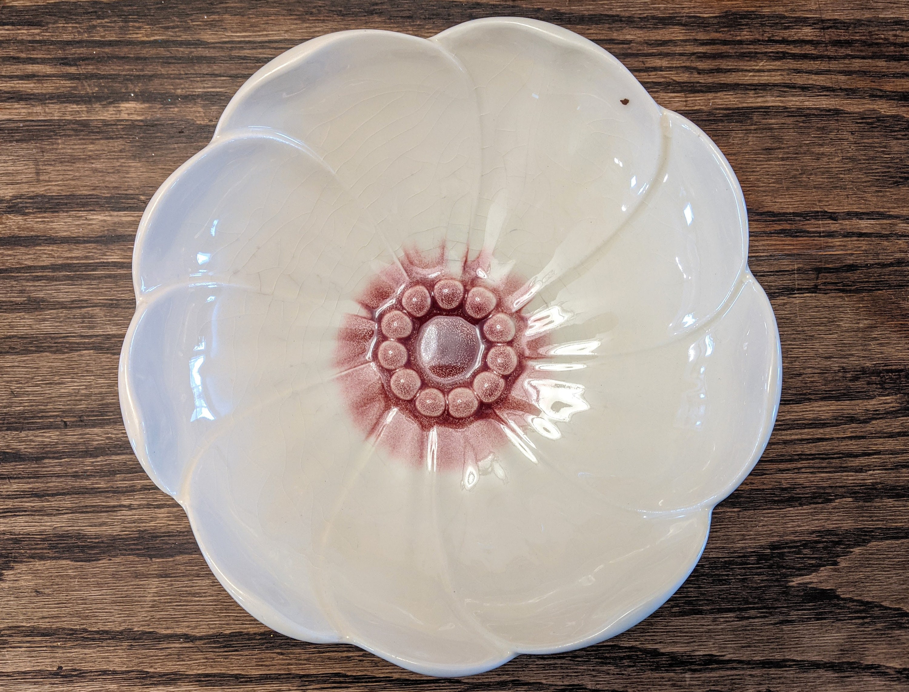 80's ヴィンテージ フラワーシェイプガラスボウル ミッドセンチュリー Mid Century Ceramic White and Purple Flower Bowl, Vintage Ceramic