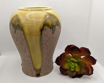 Vintage Ceramic Vase Green Drip Glaze and Rough Surface Texture, Vintage Drip Glaze Art Pottery, Mid Century Stoneware Green Flower Vase