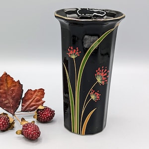 Vintage Black Ceramic Vase with Red Flower Motif and Gold Details Made in Japan, Japanese Floral Art Pottery Decor, Gift for Her