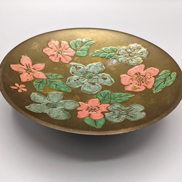 1970s Floral Brass Pedestal Dish with Pink Blue Hibiscus Flowers Green Leaves, Vintage Brass Pedestal Trinket Dish, Floral Brass Home Decor