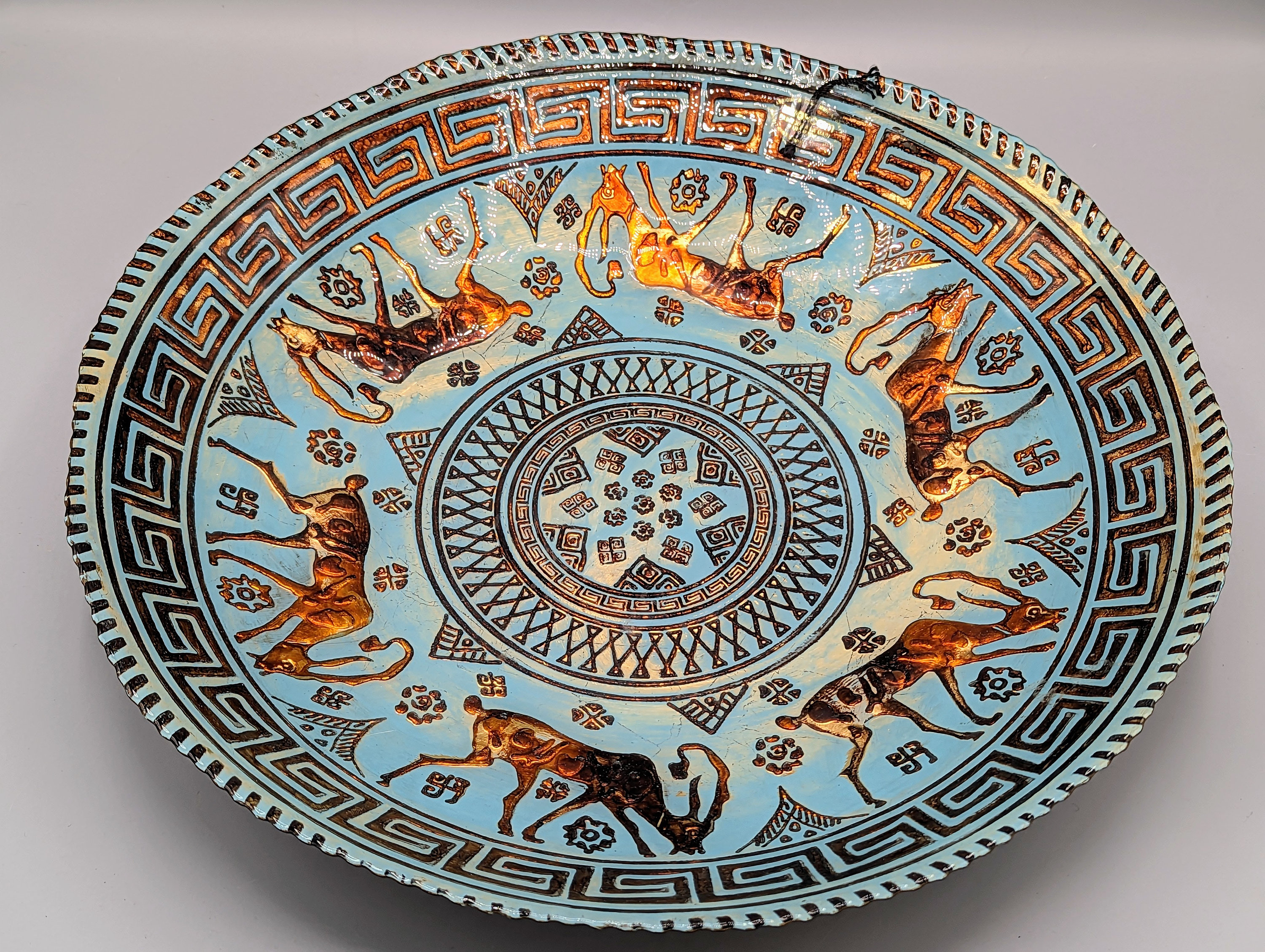 ヴィンテージ ターコイズブルーと銅のトルコガラス製サービングボウル