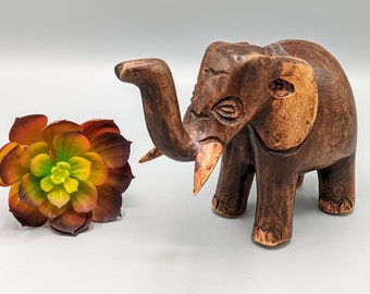 Vintage Hand Carved Wood Elephant with Trunk Up Sculpture Figurine Folk Art, Vintage Elephant Decor, Carved Wood African Folk Art Home Decor