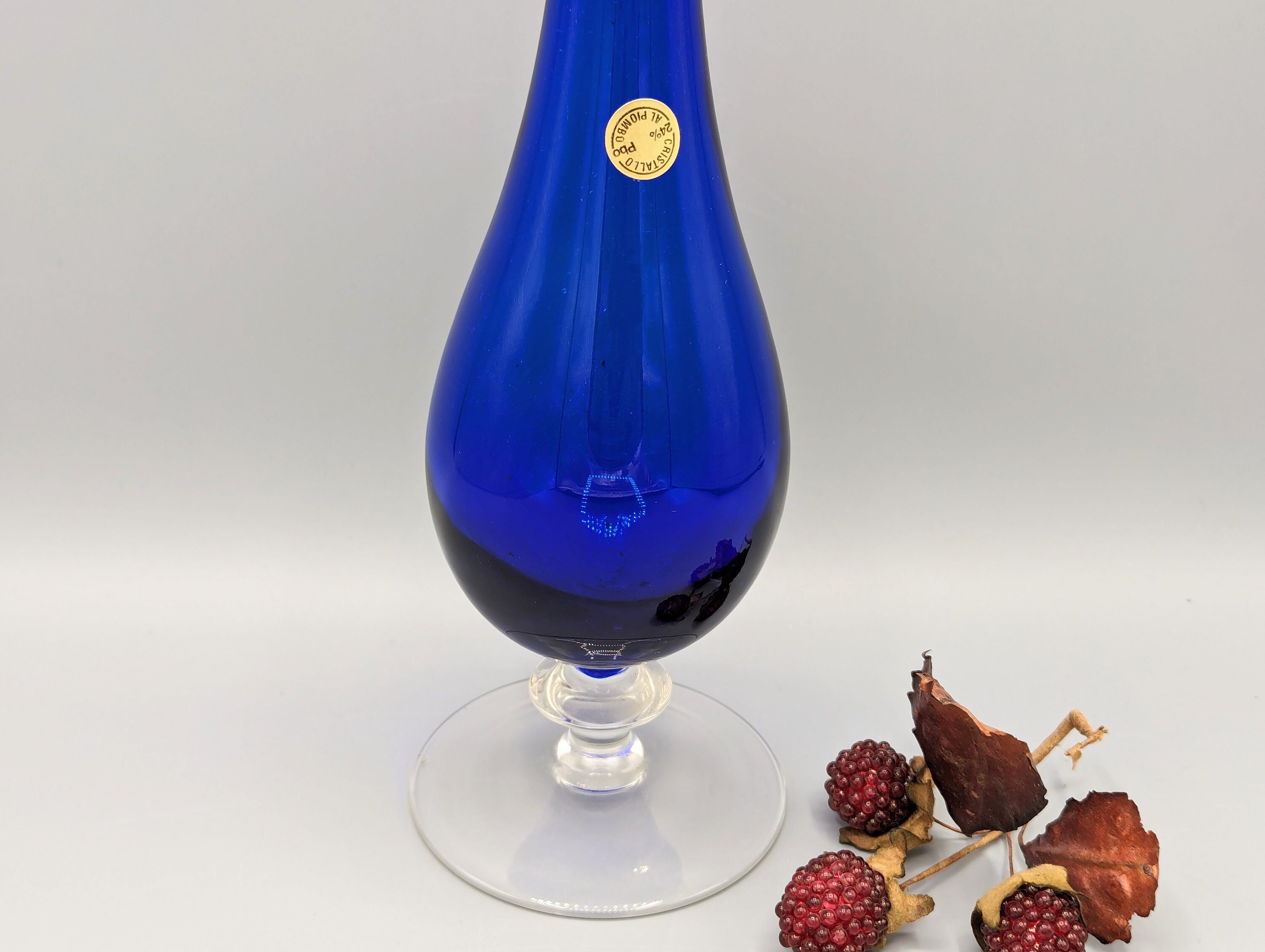 ヴィンテージ コバルトブルー 透明台座 鉛クリスタルガラス アート花瓶