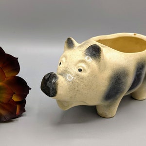 Puede incluir: Un macetero de cerámica con forma de cerdo con un esmalte blanco y negro moteado. El macetero tiene una abertura redonda en la parte superior para plantar.