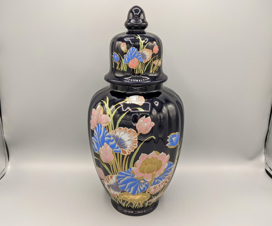 Vintage Navy Blue Lotus Flower Urn Vase With Lid Ginger Jar Decor Exclusiv Selection Qualite
