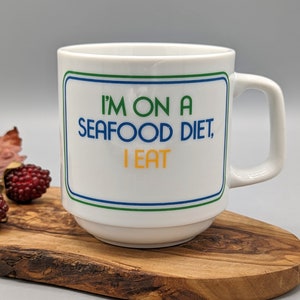 Vintage 1980s I&#39;m On a Seafood Diet Ceramic Colorful Novelty Coffee Mug Papel Japan, Retro Drinkware Made in Japan, Funny Gift for Her Him