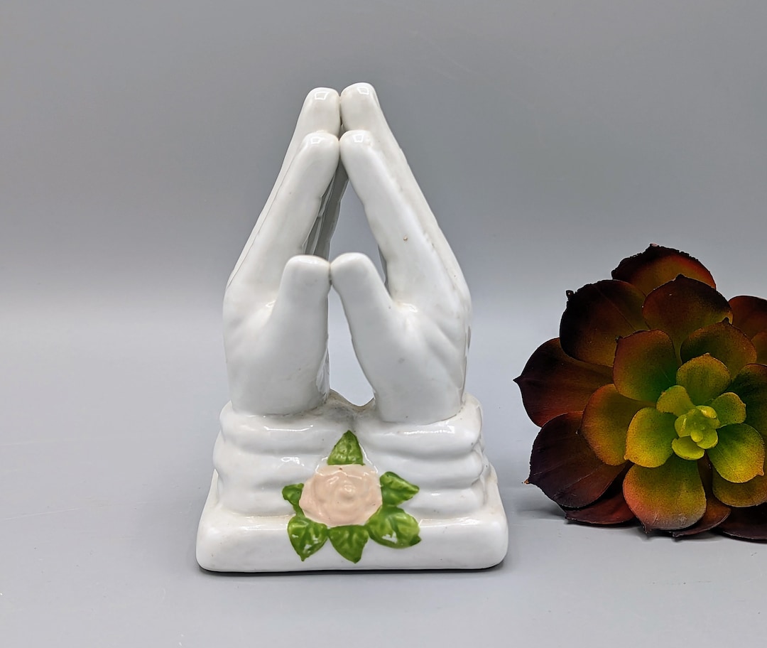 Vintage White Ceramic Praying Hands With Pink Rose Figurine Etsy
