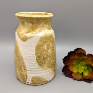 Vintage Cream Brown Spotted Stoneware Art Pottery Vase with Marbled Texture, Vintage Studio Art Pottery Vase, Raku Fired Stoneware Pottery